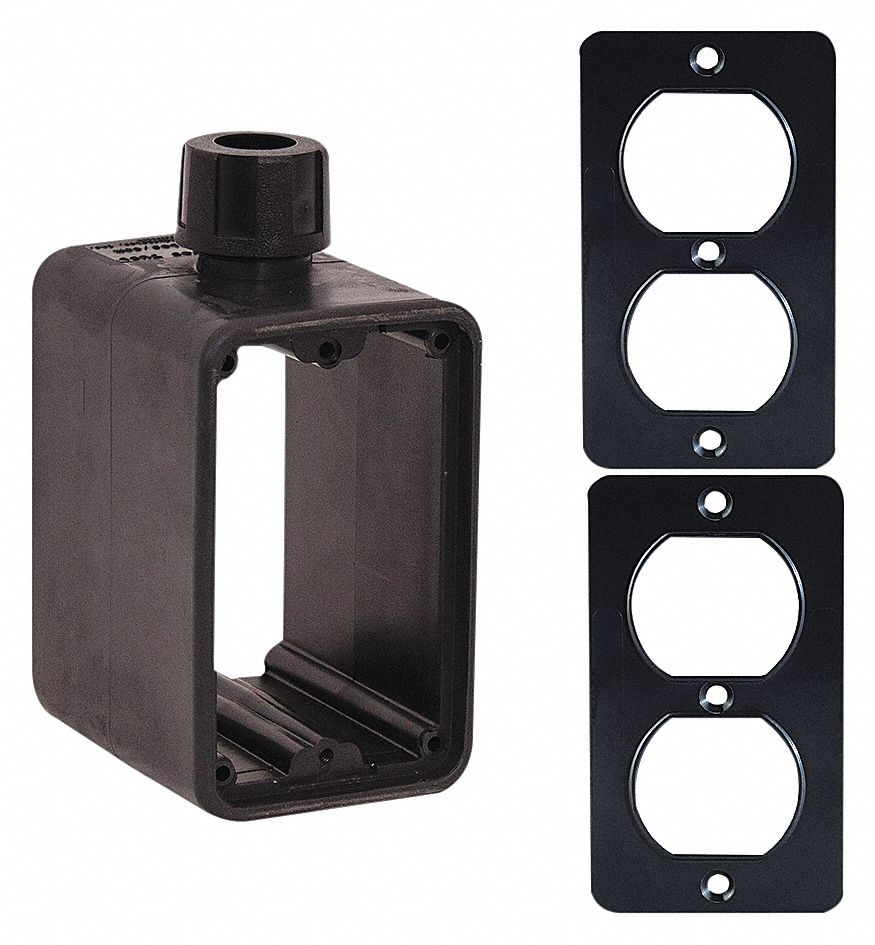 OUTLET BOX W 2 DUPLEX COVERS, CUL, 2 GANGS/1 INLET, BLACK, RUBBER-COVERED PENDANT