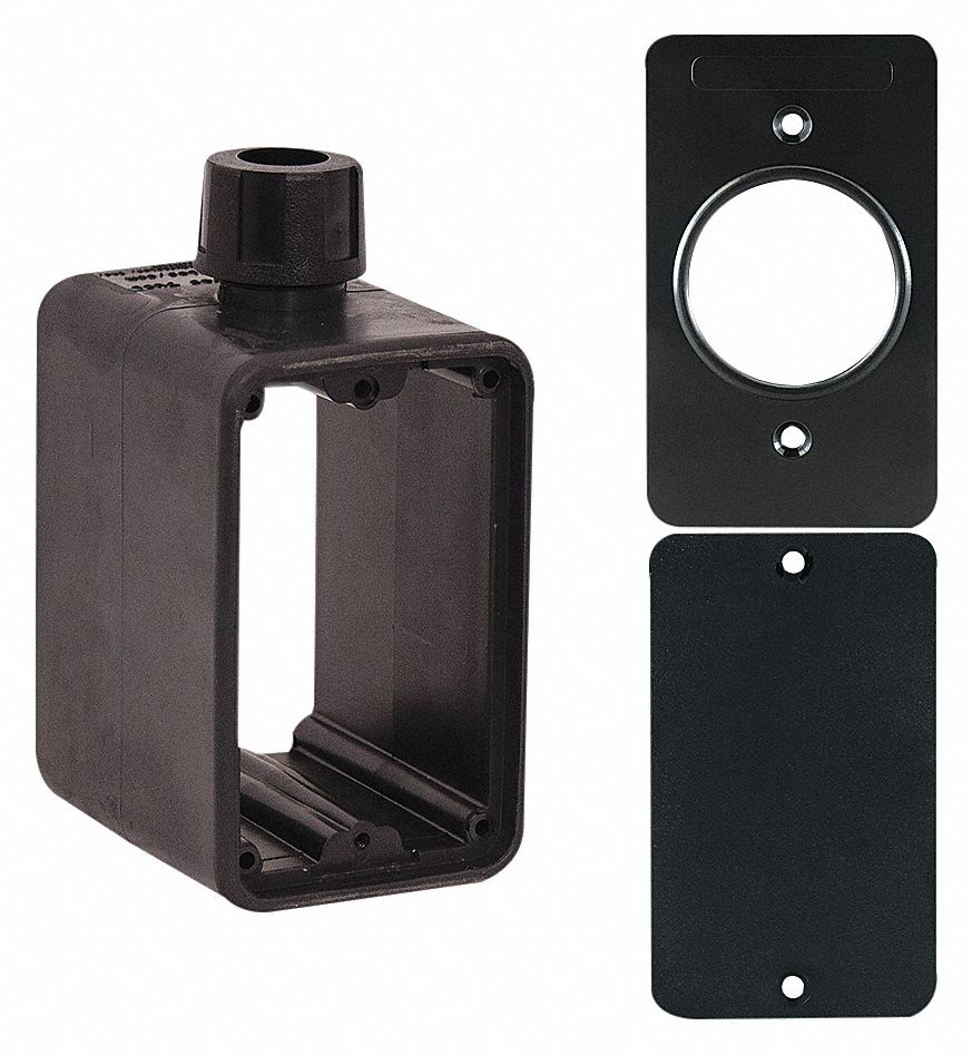 OUTLET BOX, CUL, 2 GANGS/1 INLET, BLK, SINGLE RECEPTACLE 1.56 IN DIA, RUBBER-COVERED PENDANT