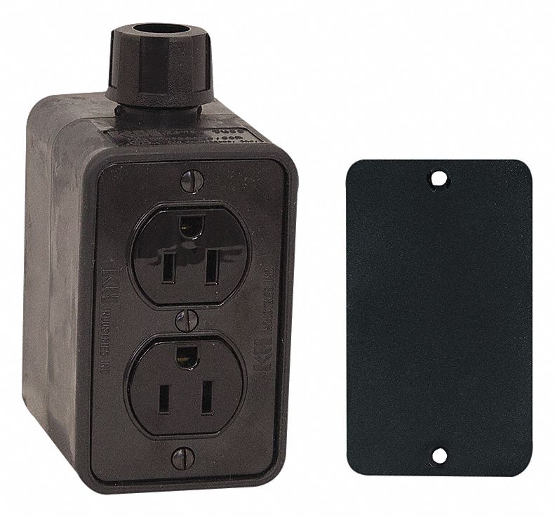 OUTLET BOX, CUL, 15 A, DUPLEX RECEPTACLE, 2 GANGS/1 INLET, BLK, RUBBER-COVERED PENDANT