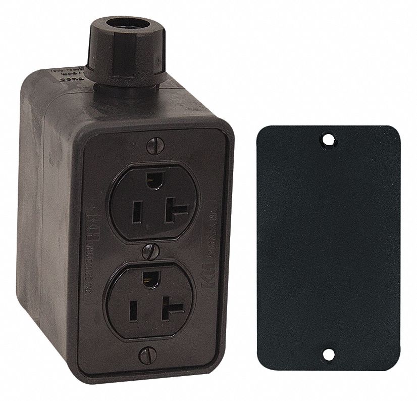 OUTLET BOX, CUL, 20 A, DUPLEX RECEPTACLE, 2 GANGS/1 INLET, BLK, RUBBER-COVERED PENDANT