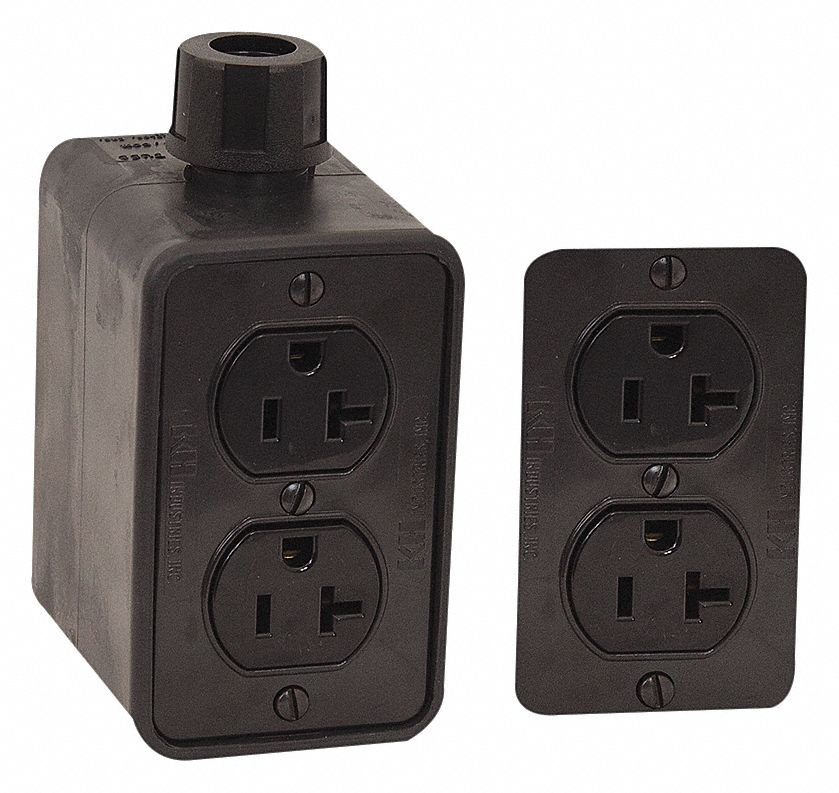 OUTLET BOX, CUL, 20 A, 2 DUPLEX RECEPTACLES, 2 GANGS/1 INLET, BLK, RUBBER-COVERED PENDANT