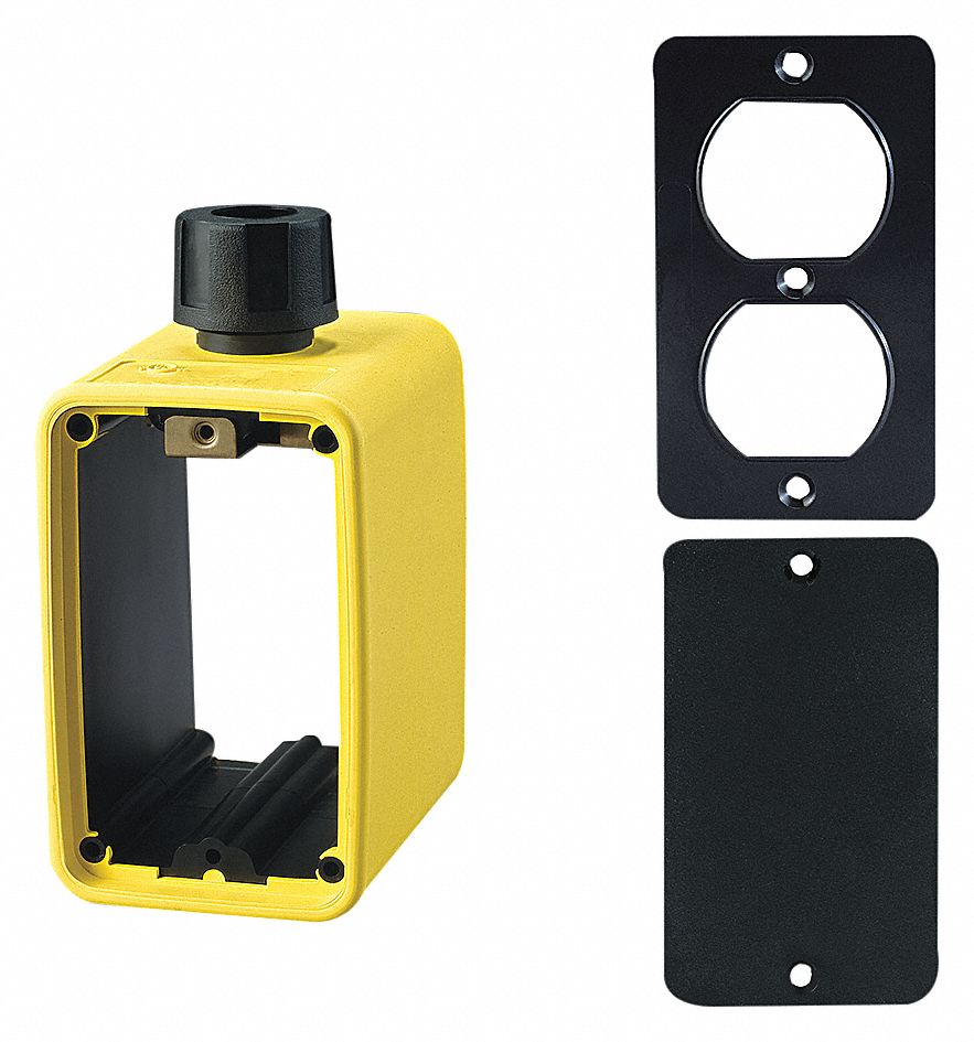 OUTLET BOX, CUL, DUPLEX/BLANK, 2 GANGS/1 INLET, YELLOW/BLACK, RUBBER-COVERED PENDANT