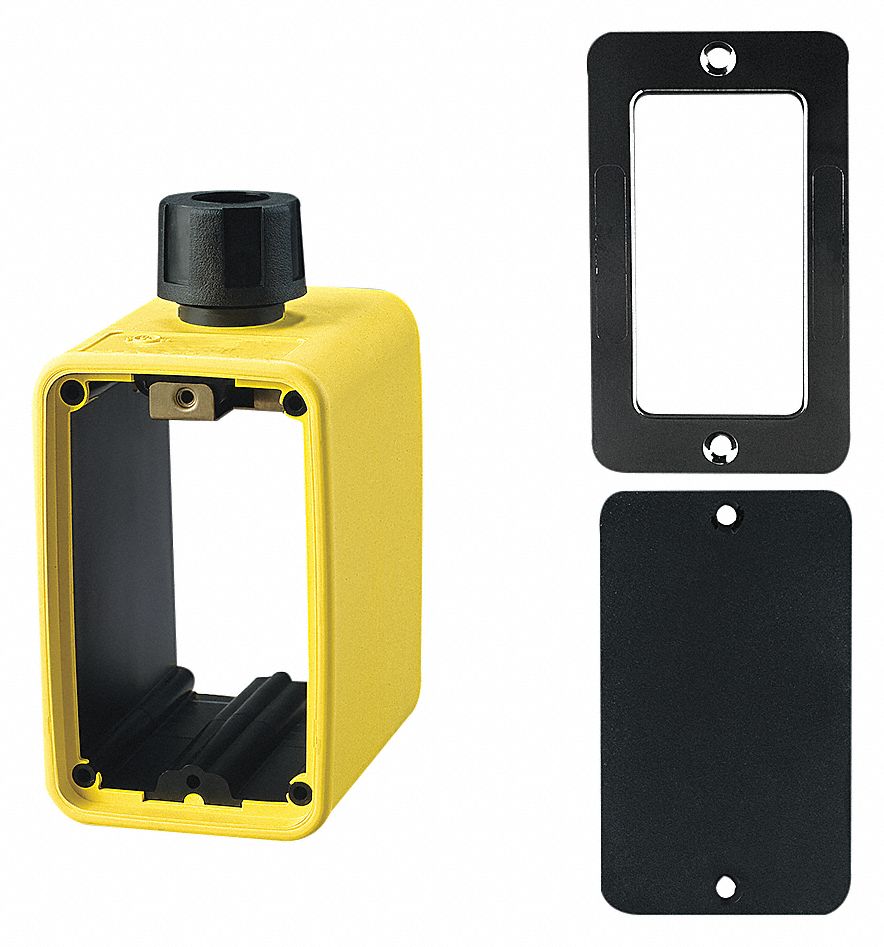 KH INDUSTRIES OUTLET BOX, CUL, BLANK/GFI, 2 GANGS/1 INLET, YELLOW/BLACK