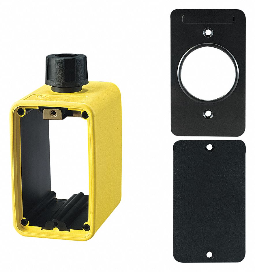 OUTLET BOX, CUL, 2 GANGS/1 INLET, YLW/BLK, SINGLE RECEPTACLE 1.56 IN DIA, RUBBER-COVERED PENDANT