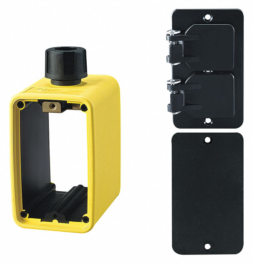 OUTLET BOX, CUL, WEATHER-RESIST, DUPLEX/BLANK, 2 GANGS/1 INLET, YLW/BLK, RUBBER-COVERED PENDANT