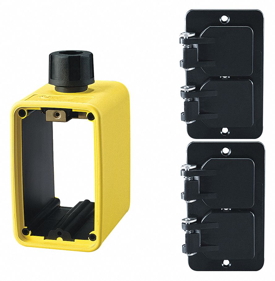 OUTLET BOX W 2 DUPLEX COVERS,WEATHER-RESIST,CUL,2 GANGS/1 INLET,YLW/BLK,RUBBER-COVERED PENDANT