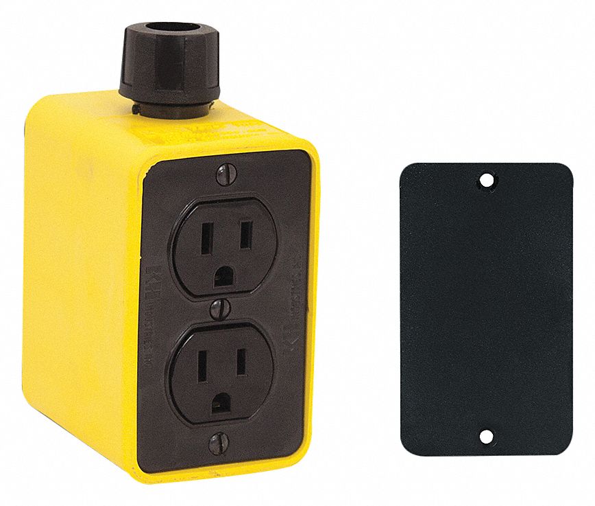 OUTLET BOX, CUL, 15 A, DUPLEX RECEPTACLE, 2 GANGS/1 INLET, YLW/BLK, RUBBER-COVERED PENDANT