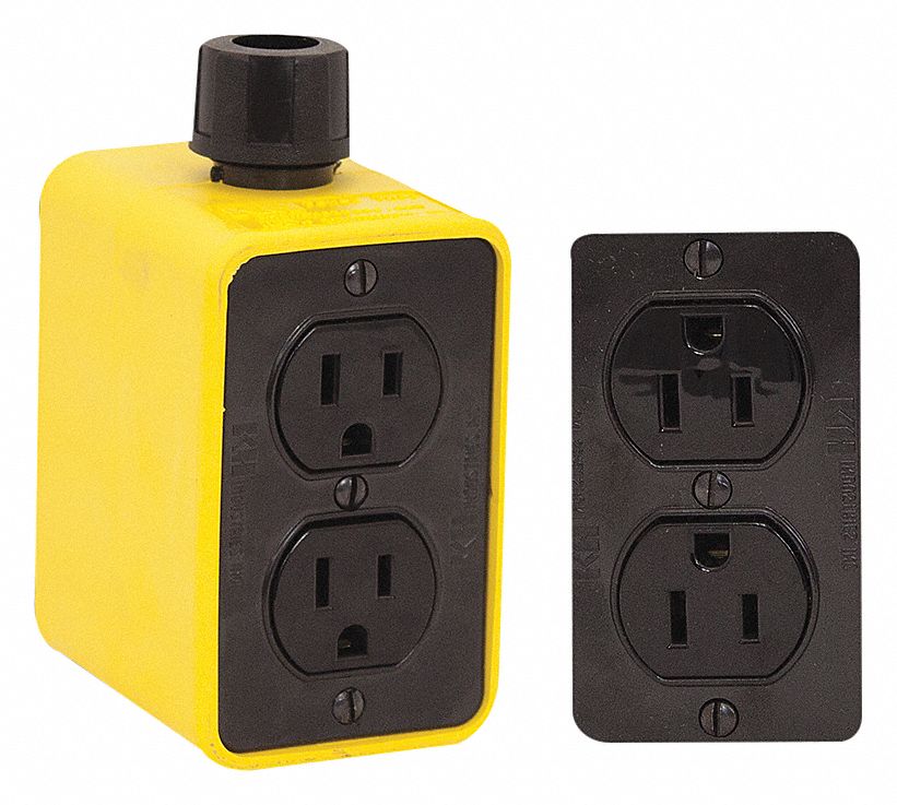 OUTLET BOX, CUL, 15 A, 2 DUPLEX RECEPTACLES, 2 GANGS/1 INLET, YLW/BLK, RUBBER-COVERED PENDANT