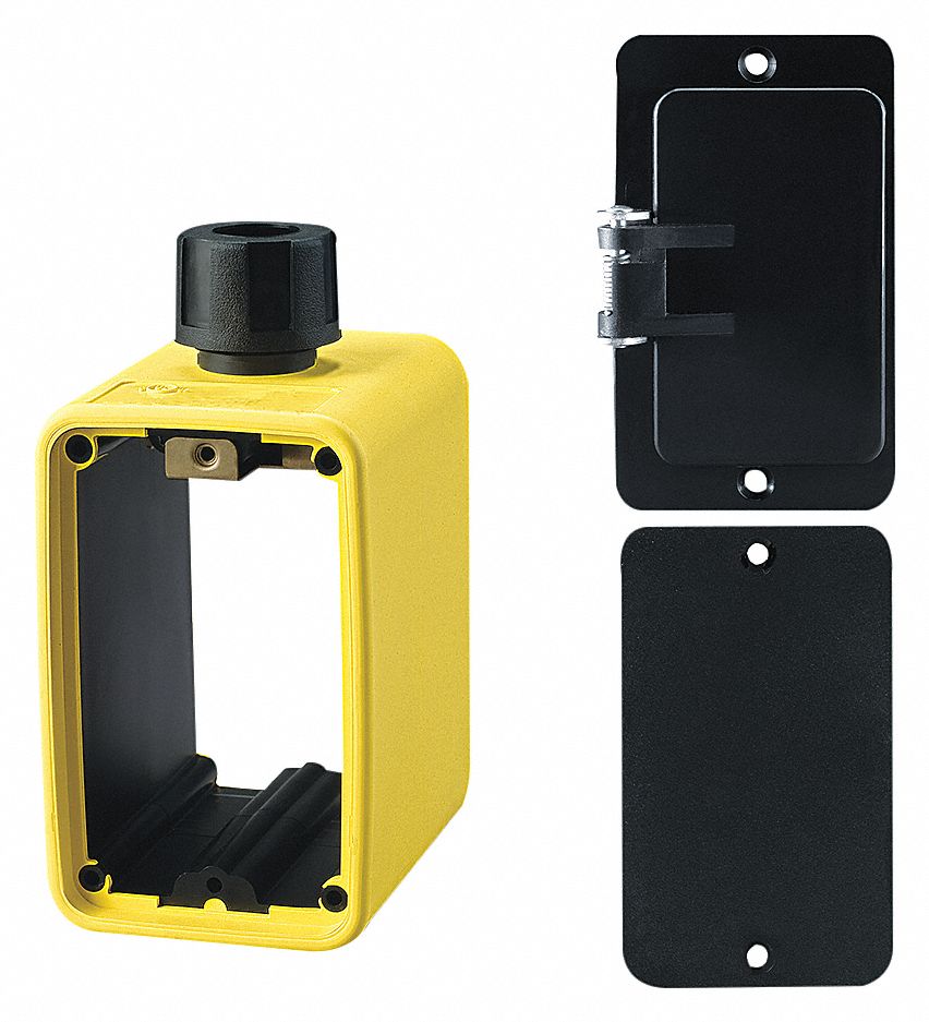 OUTLET BOX, CUL, WEATHER-RESIST, BLANK/GFI, 2 GANGS/1 INLET, YLW/BLK, RUBBER-COVERED PENDANT