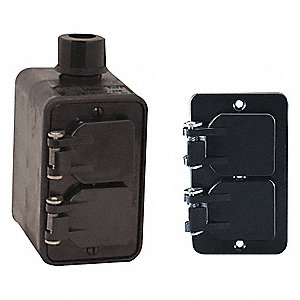 OUTLET BOX W 2 DUPLEX COVERS,WEATHER-RESIST,FEED-THRU,CUL,2 GANGS/1 INLET,BLK,RUBBER-COVERED PENDANT