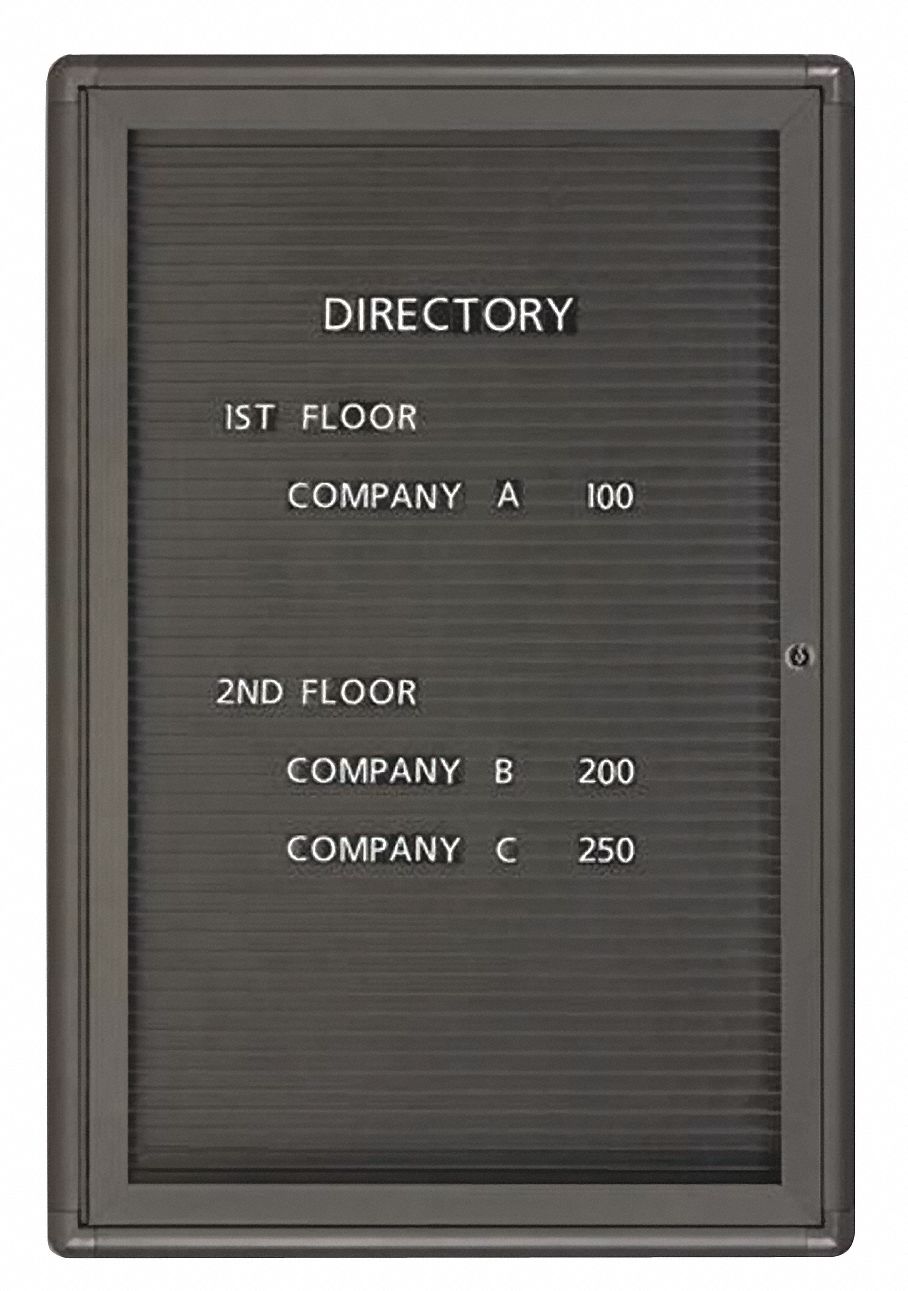 Enclosed Bulletin Board: Swing Door, Acrylic, 36 in Overall Ht, 24 in Overall Wd, Black