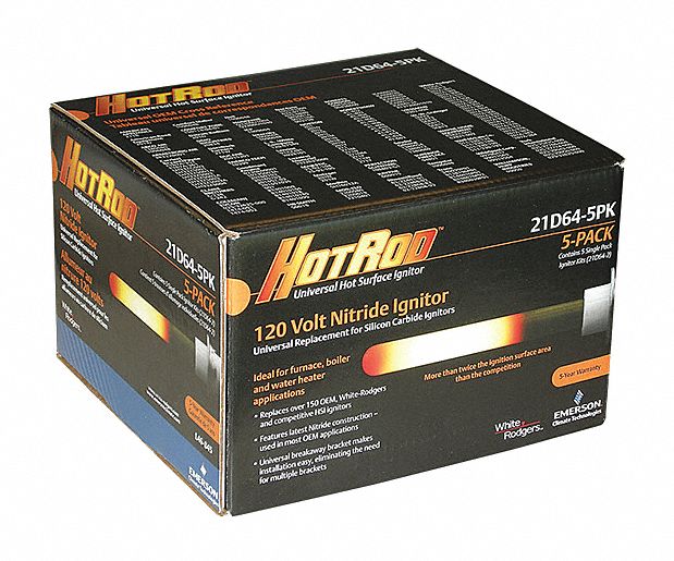 Hot Surface Igniter: Universal, Silicon Nitride, 15 1/2 in Lead Lg, 102-132V AC, Hardwired, Flat Tip