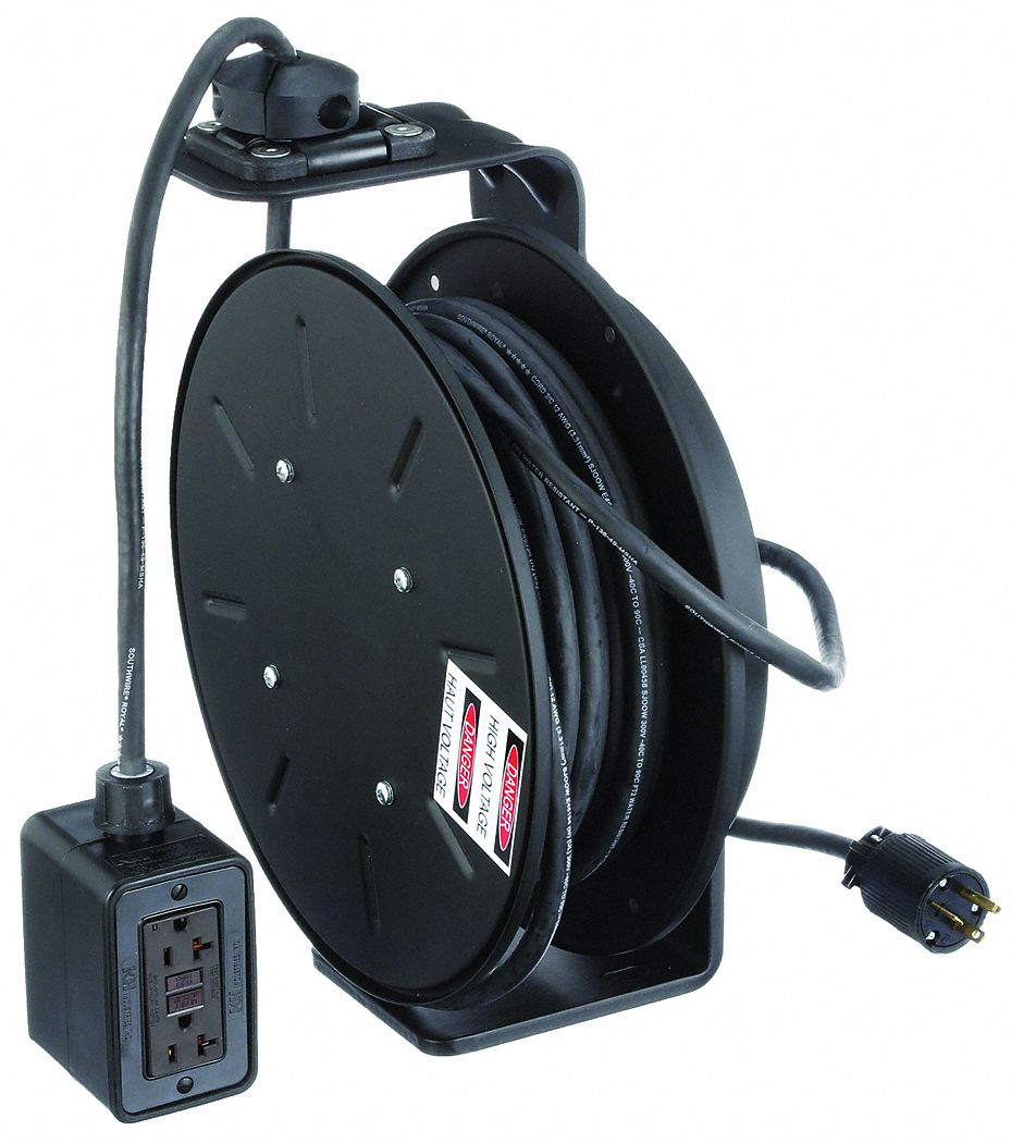 KH INDUSTRIES Extension Cord Reel: Grounding Plug, NEMA 5-20P, Duplex GFCI  Box Receptacle, Black