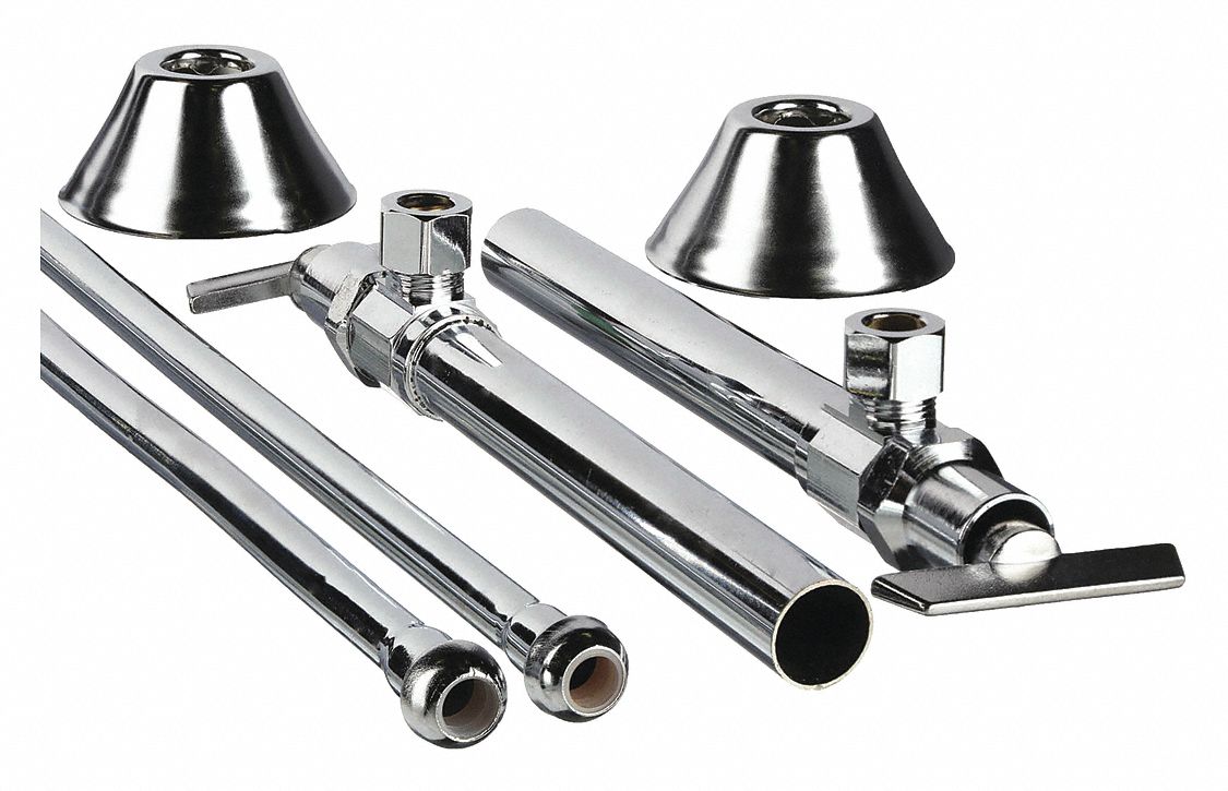 Water Supply Stop: 1/2 in Sweat, 3/8 in Compression, Chrome-Plated Brass, Angle Body, 1/4-Turn