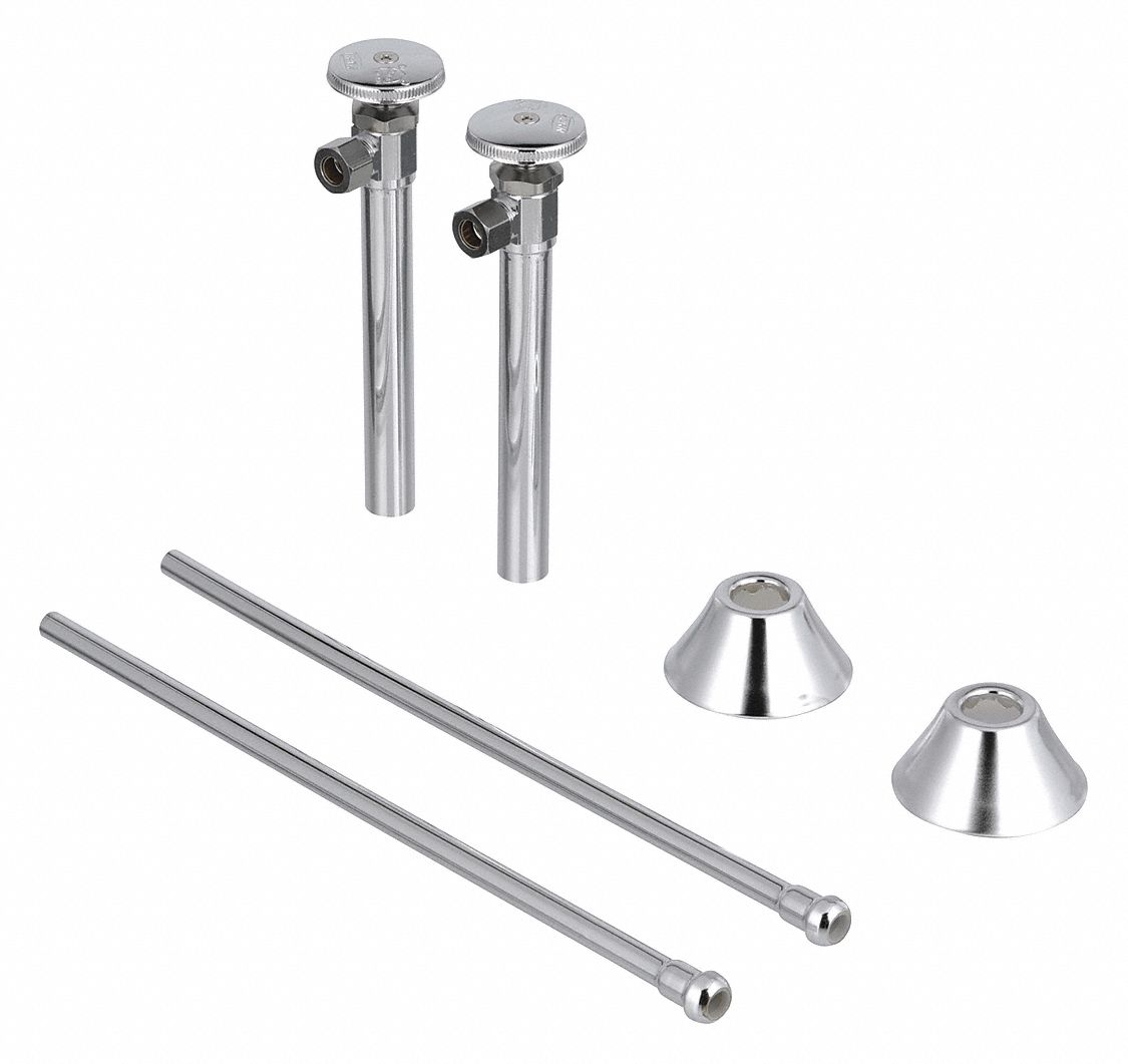 Water Supply Stop: 1/2 in Sweat, 3/8 in Compression, Chrome-Plated Brass, Angle Body, 1/4-Turn