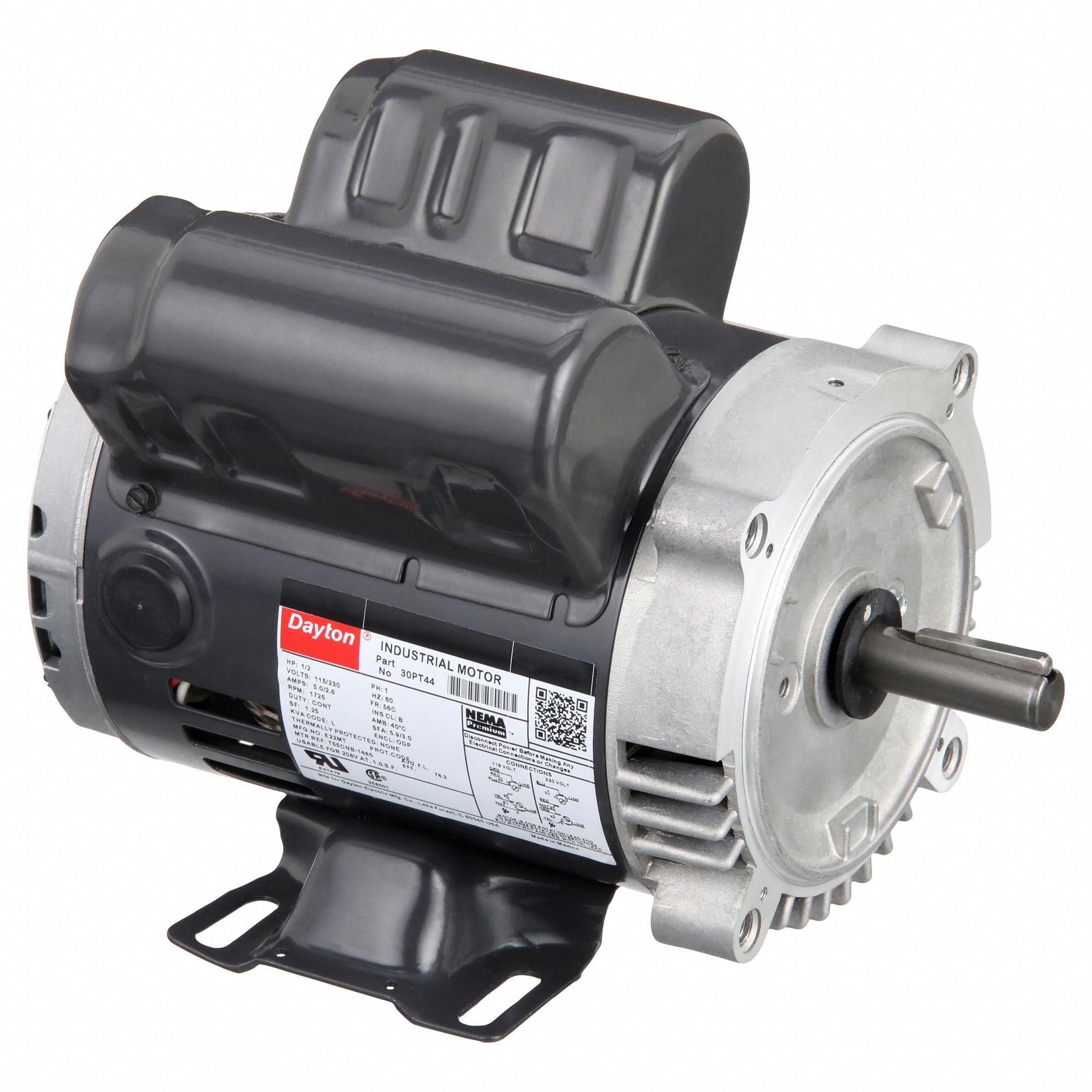 General Purpose Motor: Single Phase, 1/2 hp, 115/230V AC, 56C Frame Size, 5/8 in x 1 7/8 in