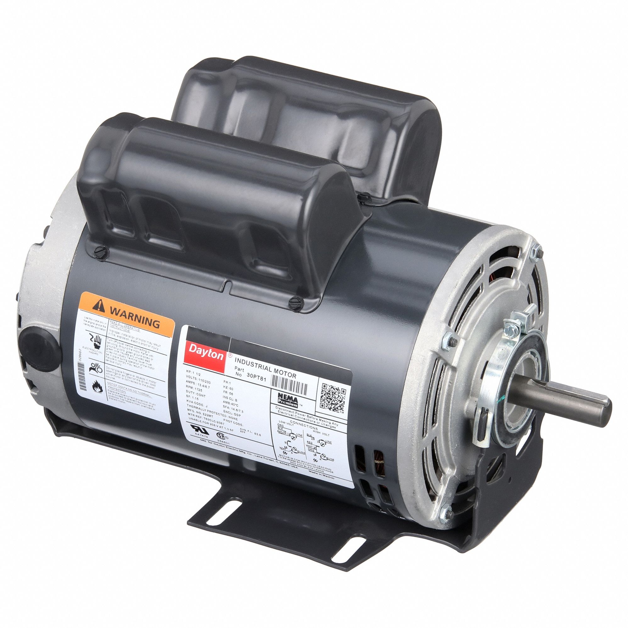 General Purpose Motor: Single Phase, 1 1/2 hp, 115/230V AC, 56 Frame Size, 5/8 in x 1 7/8 in