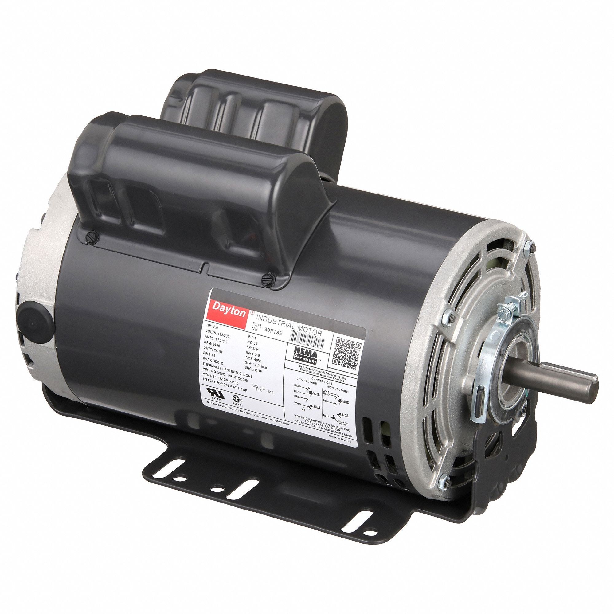 General Purpose Motor: Single Phase, 2 hp, 115/230V AC, 56H Frame Size, 5/8 in x 1 7/8 in, B
