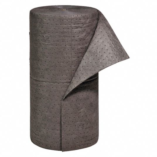 PIG Absorbent Roll: 40 gal, 10 in x 15 in Perforated Size, Roll, Gray, 30  in x 150 ft, No Message