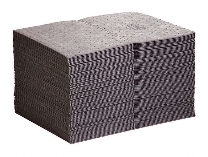 Sorbent Pad: 28 3/16 oz Volume Absorbed Per Pad, 20 in x 15 in Pad Size (L x W), Gray, 100 PK