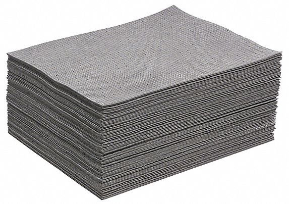FEUILLES ABSORBANTES, 20 PO X 16 ½ PO, POLYESTER, POLYPROPYLÈNE, 16,12 OZ ABSORBÉES PAR TAMPON, 12 GAL PAR PAQUET, GRIS