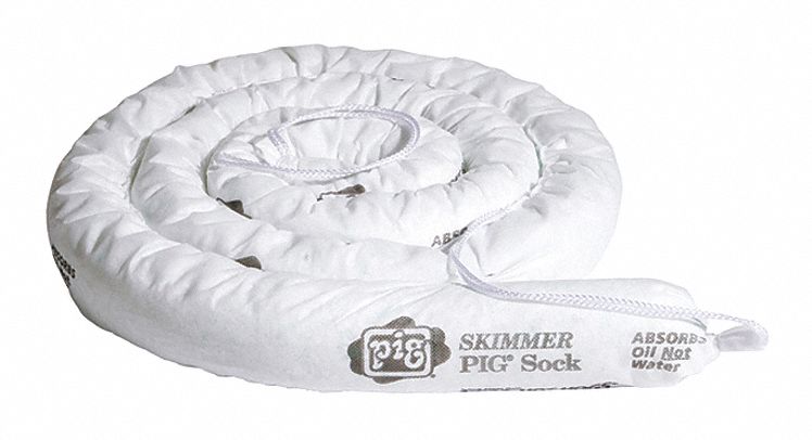 Sorbent Sock: 3 in dia x 3 in wd x 10 ft lg, 2.5 gal, White, Polypropylene, Polypropylene, 6 PK