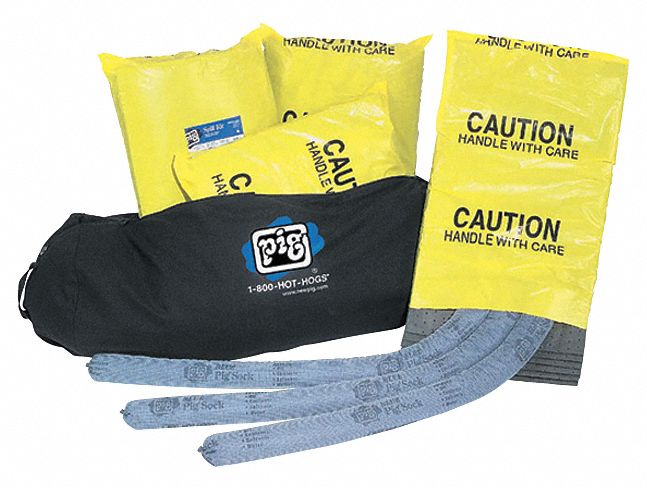Spill Kit: 20 gal Volume Absorbed Per Kit, Bag, (1) Duffel Bag/(4) Instructions, Black, Bag