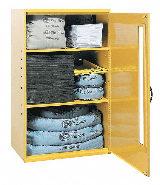Spill Kit: 17 gal Volume Absorbed Per Kit, Wall Cabinet, Yellow, Wall Cabinet