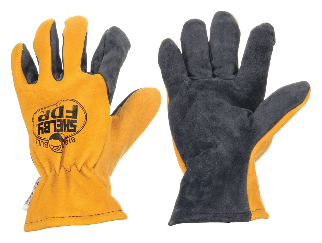 Firefighter Gloves: Brushed Pigskin Leather Palm, Elkhide Leather, Blue/Gold, L, 1 PR