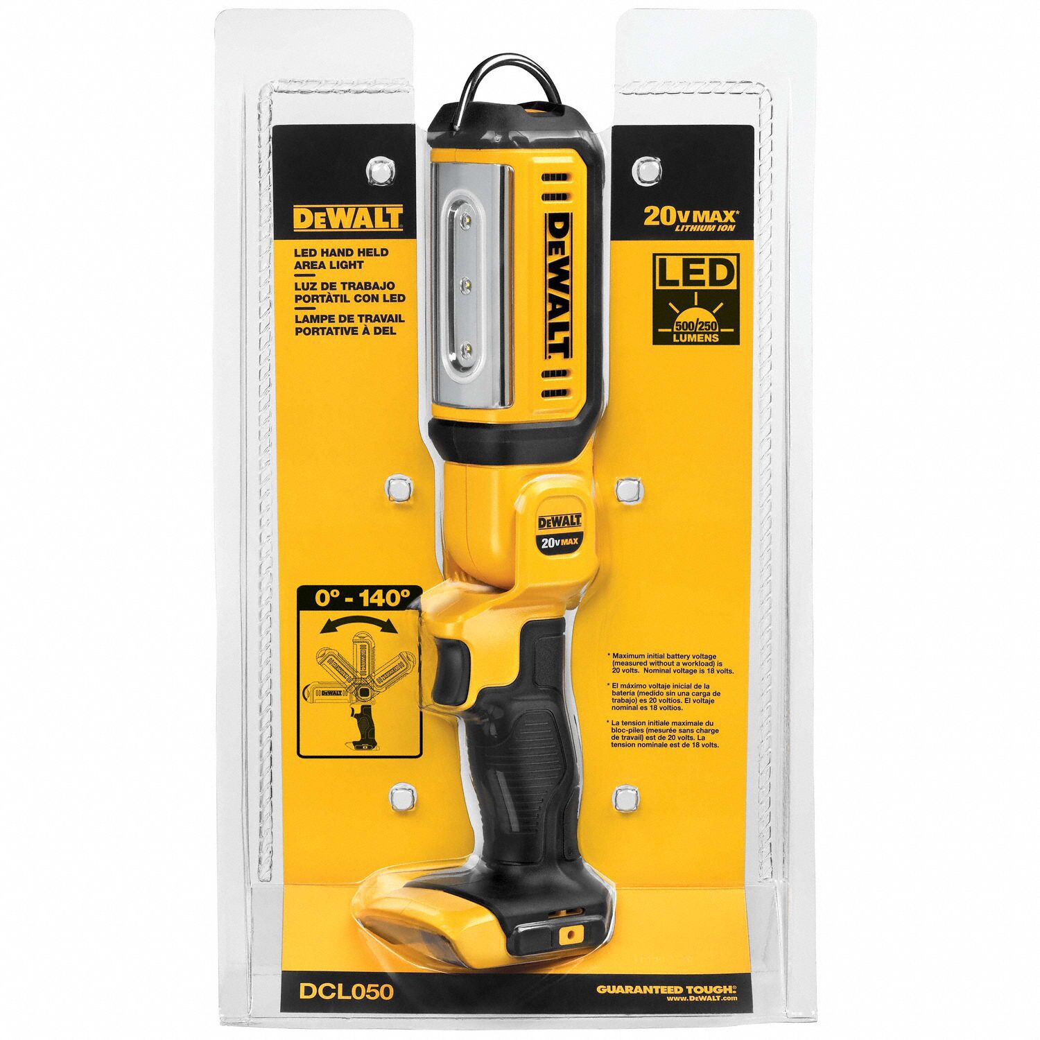 DEWALT Rechargeable Worklight 20 V, Bare Tool, LED, 250 lm to 500 lm