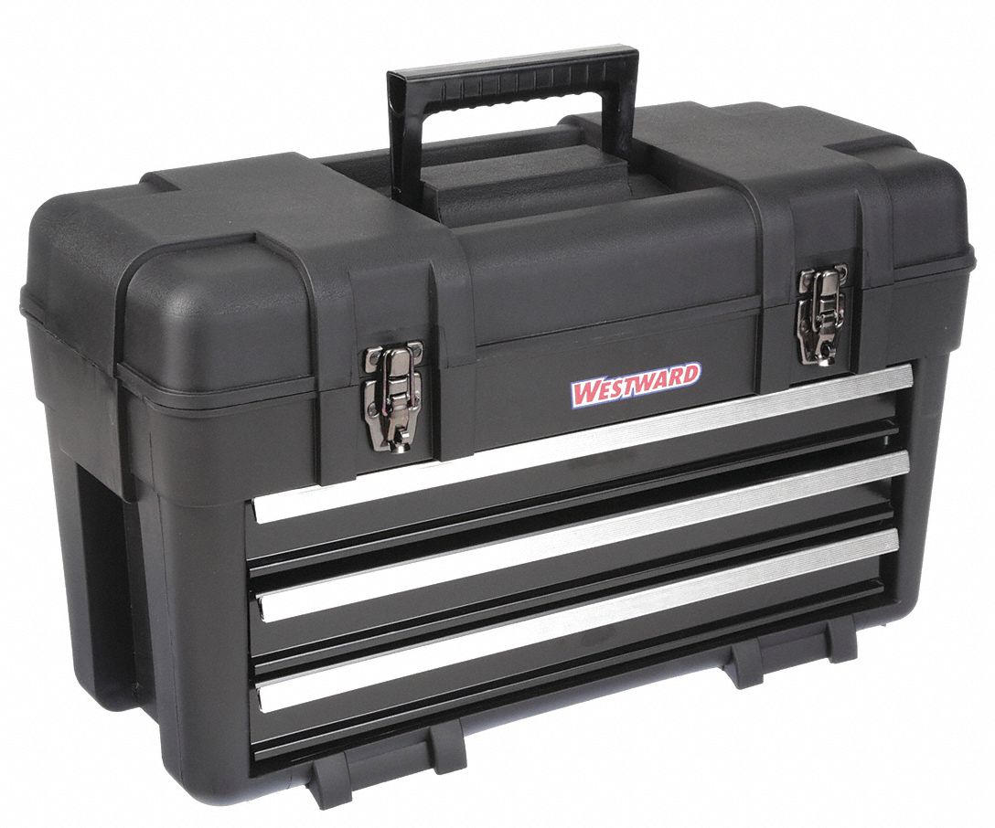 Plastic, Steel, Portable Tool Box, 23 in Overall Width, 10 1/2 in