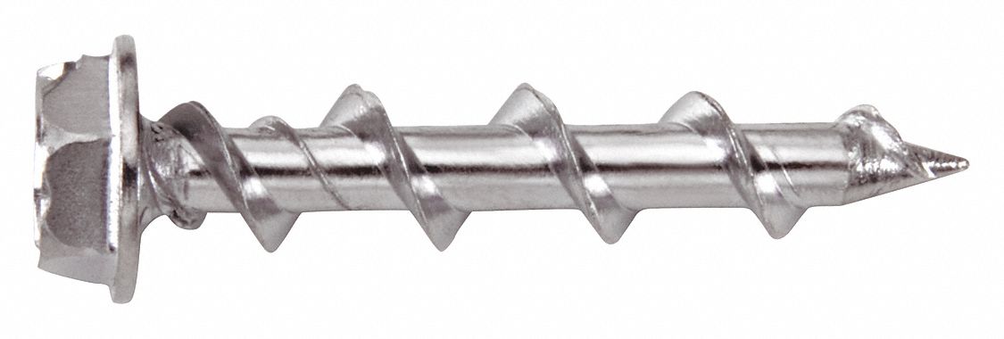 Wall Anchor Screw: 1/4 in Dia, 1 1/4 in Overall Lg, Steel, Hex, External Hex, Steel, Plain, 100 PK
