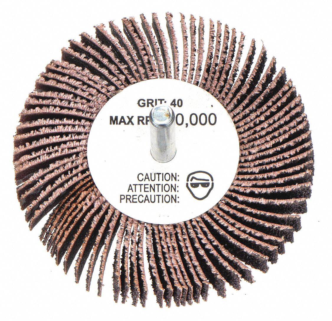 Flap Wheel: 3 in Dia x 1/2 in W, 1/4 in Straight-Shank, Aluminum Oxide, P40 Grit, Super Finish