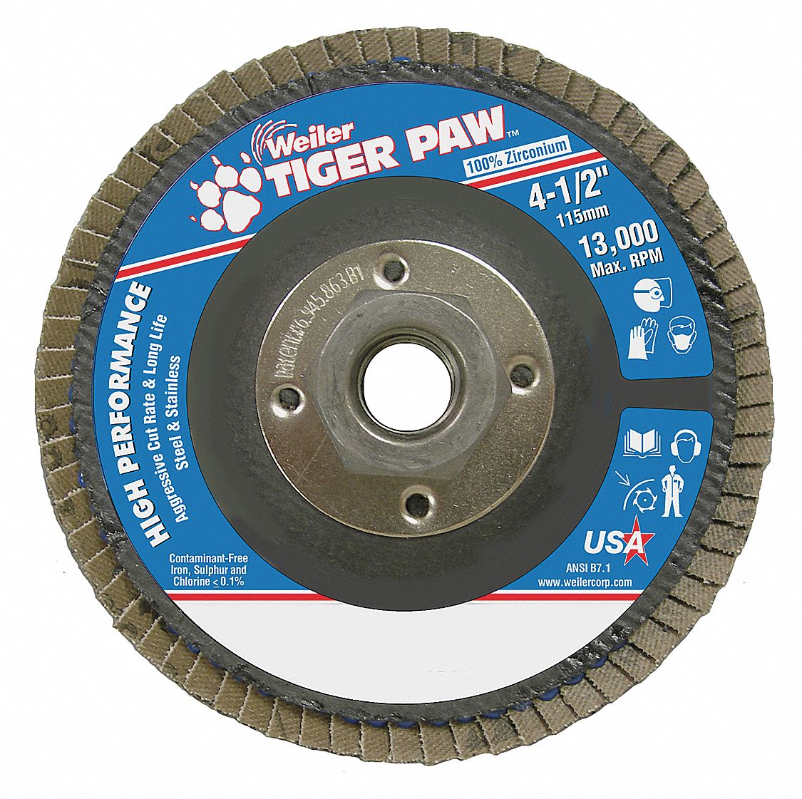 Flap Disc: Type 29, 4-1/2" x 5/8"-11, Zirconia Alumina, 40 Grit, Phenolic Bk, Std Density