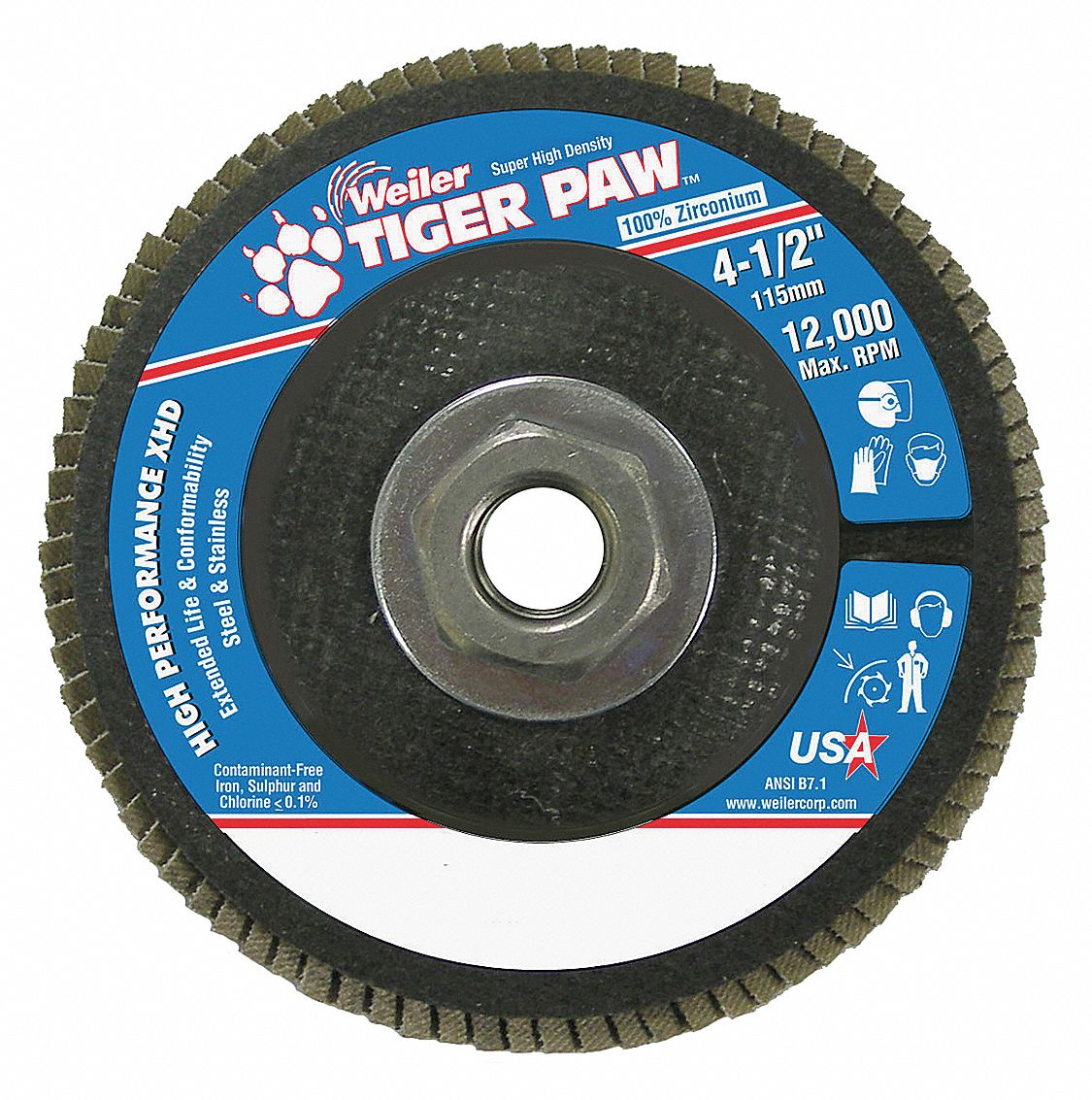Flap Disc: Type 27, 4-1/2" x 5/8"-11, Zirconia Alumina, 36 Grit, Phenolic Bk, High Density