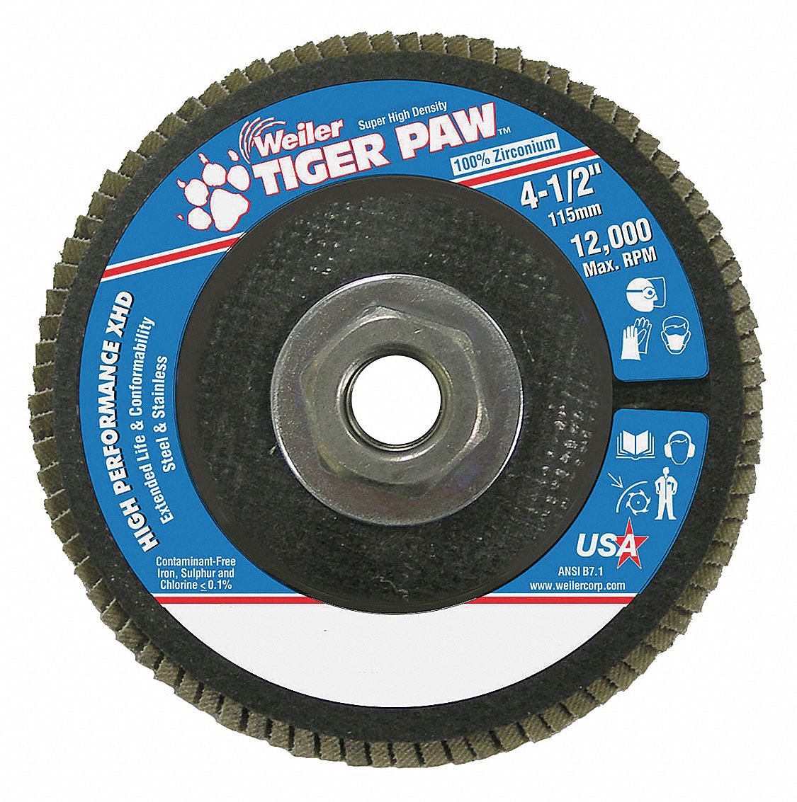 Flap Disc: Type 27, 4-1/2" x 5/8"-11, Zirconia Alumina, 80 Grit, Phenolic Bk, High Density