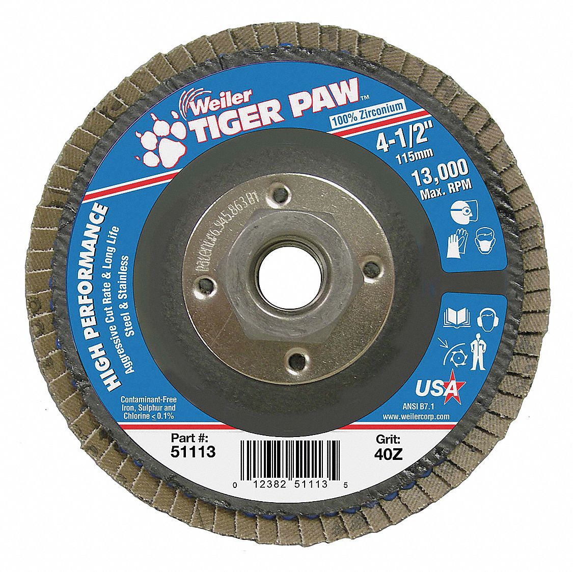 Flap Disc: Type 27, 4-1/2" x 5/8"-11, Zirconia Alumina, 40 Grit, Phenolic Bk, Std Density