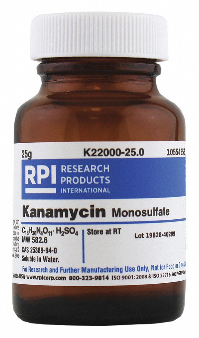 RPI Kanamycin Monosulfate (Kanamycin A) 25 g Container Size, Powder 30TY58K2200025.0 Grainger