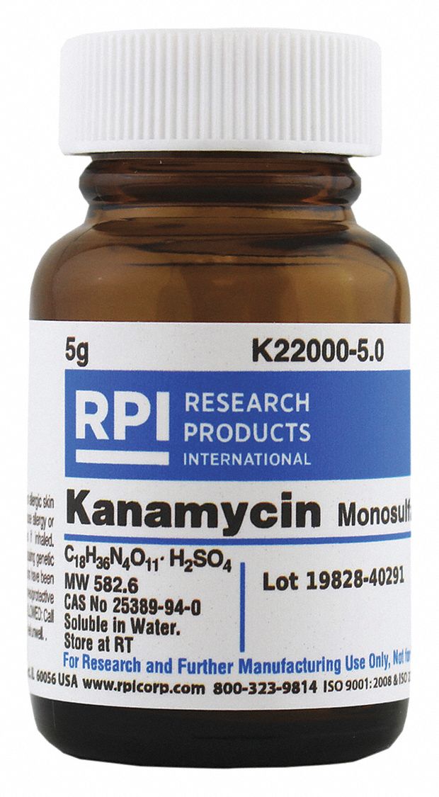 RPI Kanamycin Monosulfate (Kanamycin A) 5 g Container Size, Powder 30TY59K220005.0 Grainger