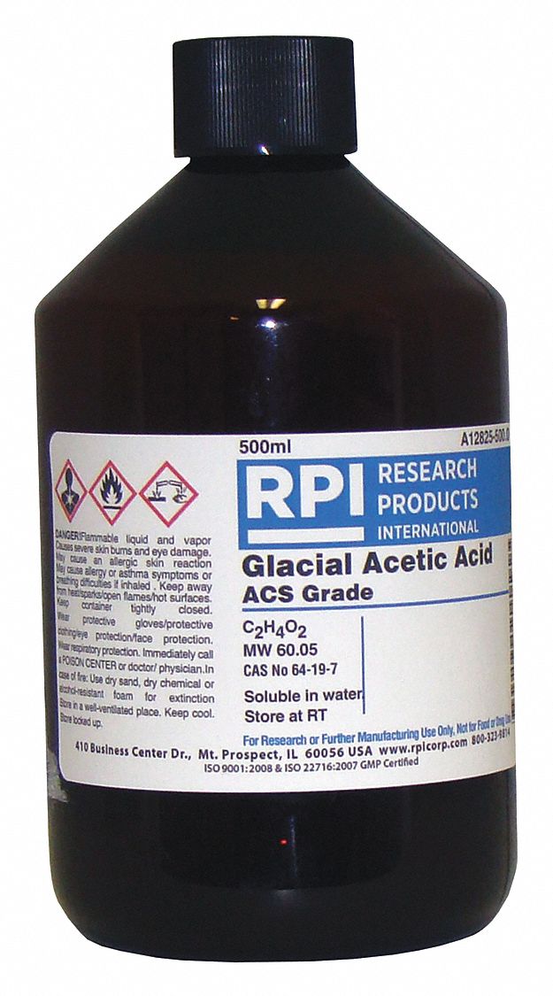 RPI Acetic Acid, Glacial 500 mL Chemical Container Size, Acids, Acetic