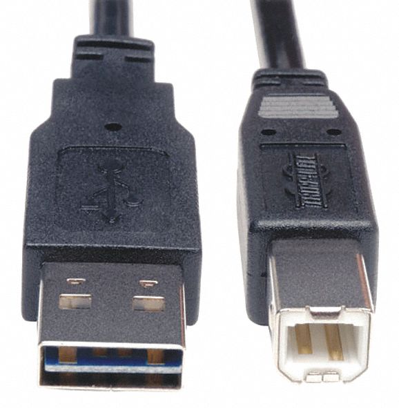 Reversible USB Cable: Type A End 1, Type B End 2, Black, 10 ft Lg, 2.0 USB Specification