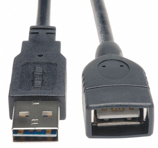 Extension USB Cable: Type A End 1, Type A End 2, Black, 10 ft Lg, 2.0 USB Specification