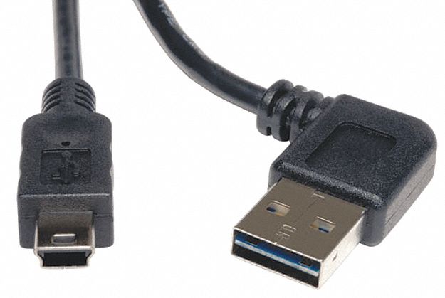 Right Angle USB Cable: Type A End 1, Mini B End 2, Black, 6 ft Lg, 2.0 USB Specification