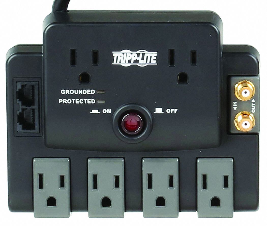 Datacom Surge Protector: 6 Outlets, NEMA 5-15R, NEMA 5-15P, 6 ft Cord Lg, 2 1/4 in Lg