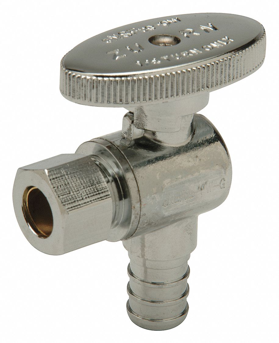 Water Supply Stop: 1/2 in Barb, 3/8 in Compression, Chrome-Plated Brass, Angle Body, Tee