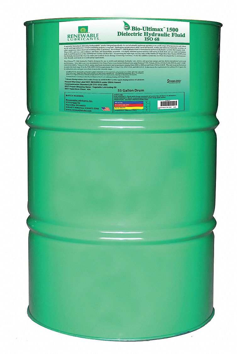 RENEWABLE LUBRICANTS Vegetable Oil Hydraulic Oil, 55 gal Drum, ISO Viscosity Grade 68 30WL01