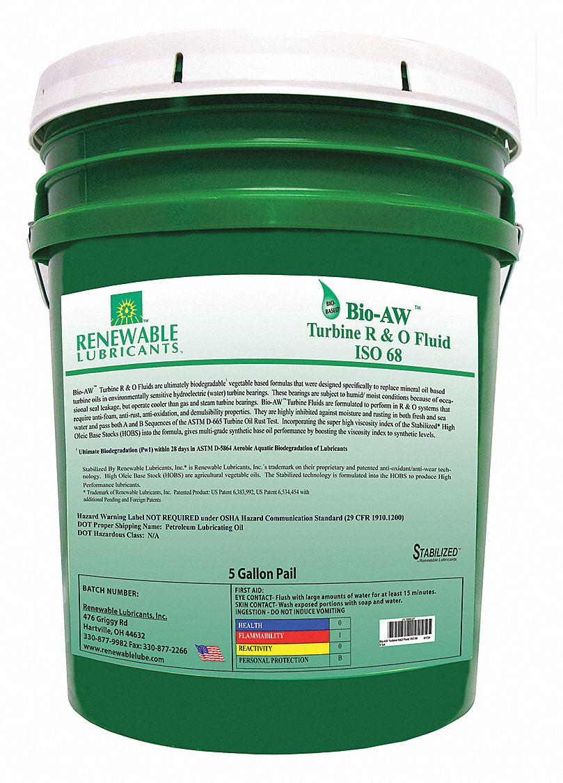 RENEWABLE LUBRICANTS Vegetable Oil R&O Oil, 5 gal Pail, ISO Viscosity ...