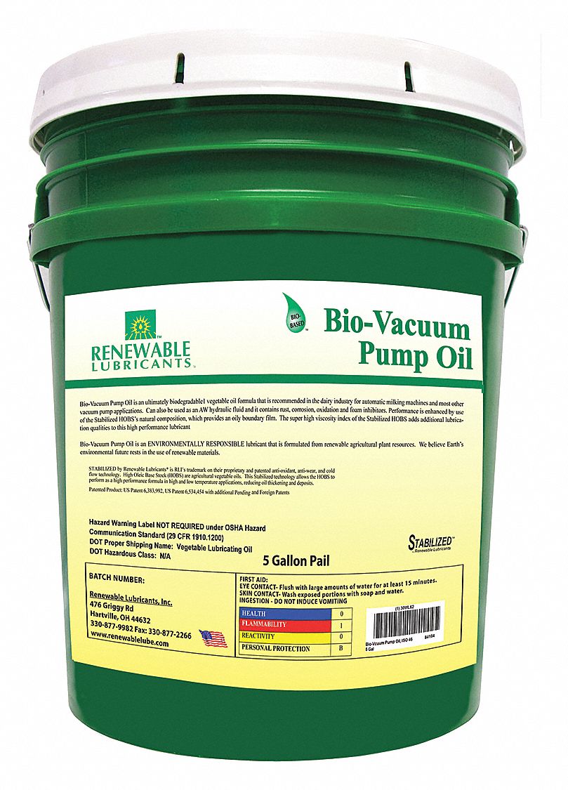 RENEWABLE LUBRICANTS Vacuum Pump Oil, 5 gal Container Size 30WL6284104 Grainger