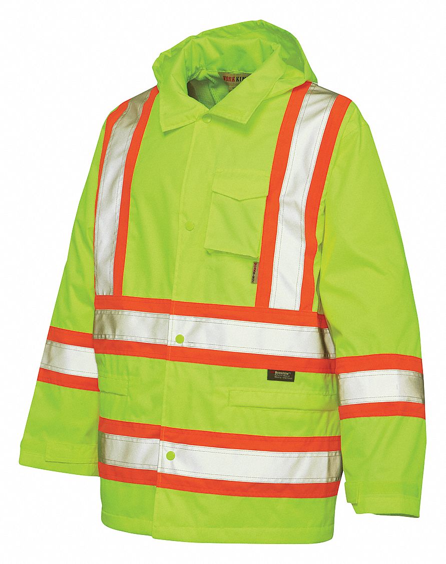RAIN JACKET, XL, GREEN, SNAP, 5 POCKETS, ATTACHED HOOD, THIGH LENGTH