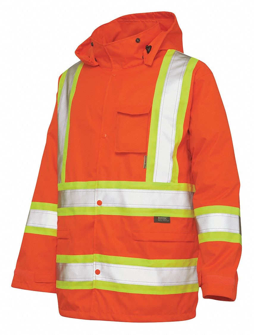 RAIN JACKET, 2XL, ORANGE, SNAP, 5 POCKETS, ATTACHED HOOD, THIGH LENGTH